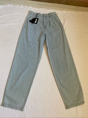 PAIGE 100% Cotton Light Blue  Pleated High-Rise Pants